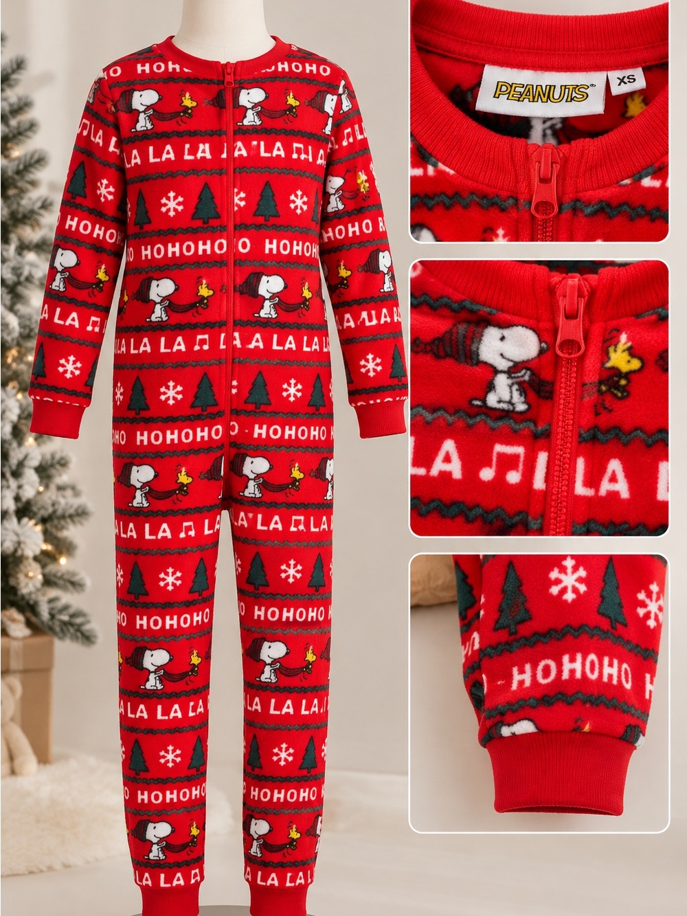 Peanuts Red Snoopy & Woodstock Holiday Zip Fleece Pajamas